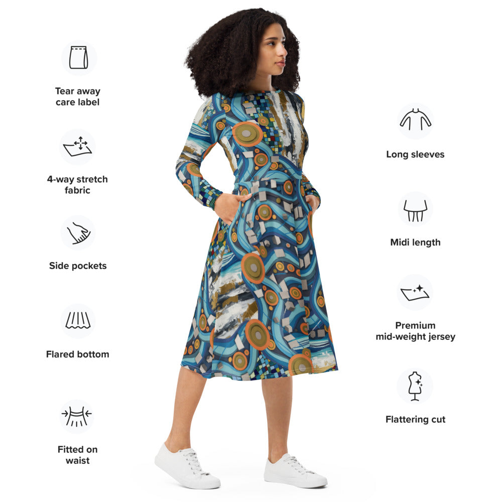 All-over print long sleeve midi dress 288