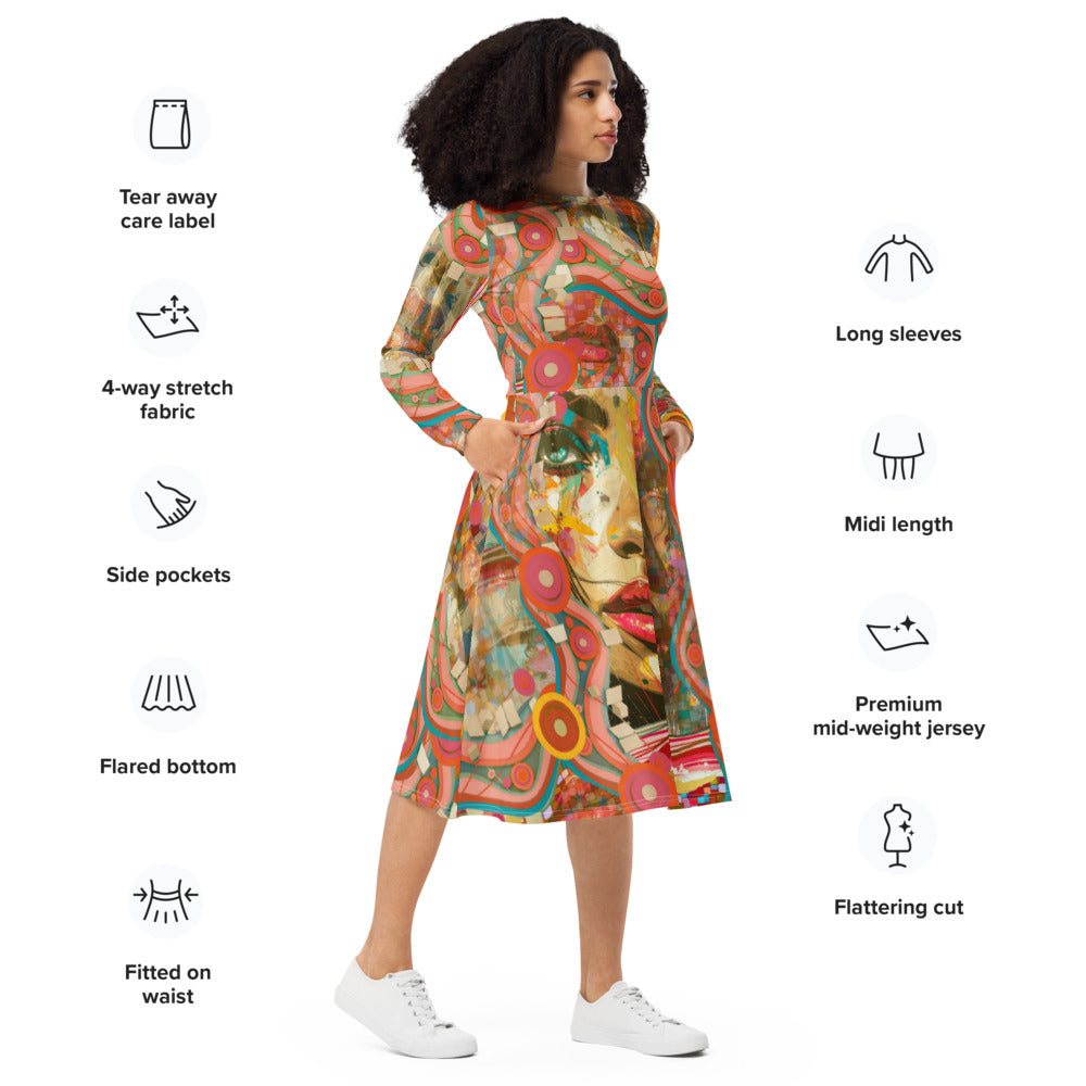 All-over print long sleeve midi dress 288Bkl2