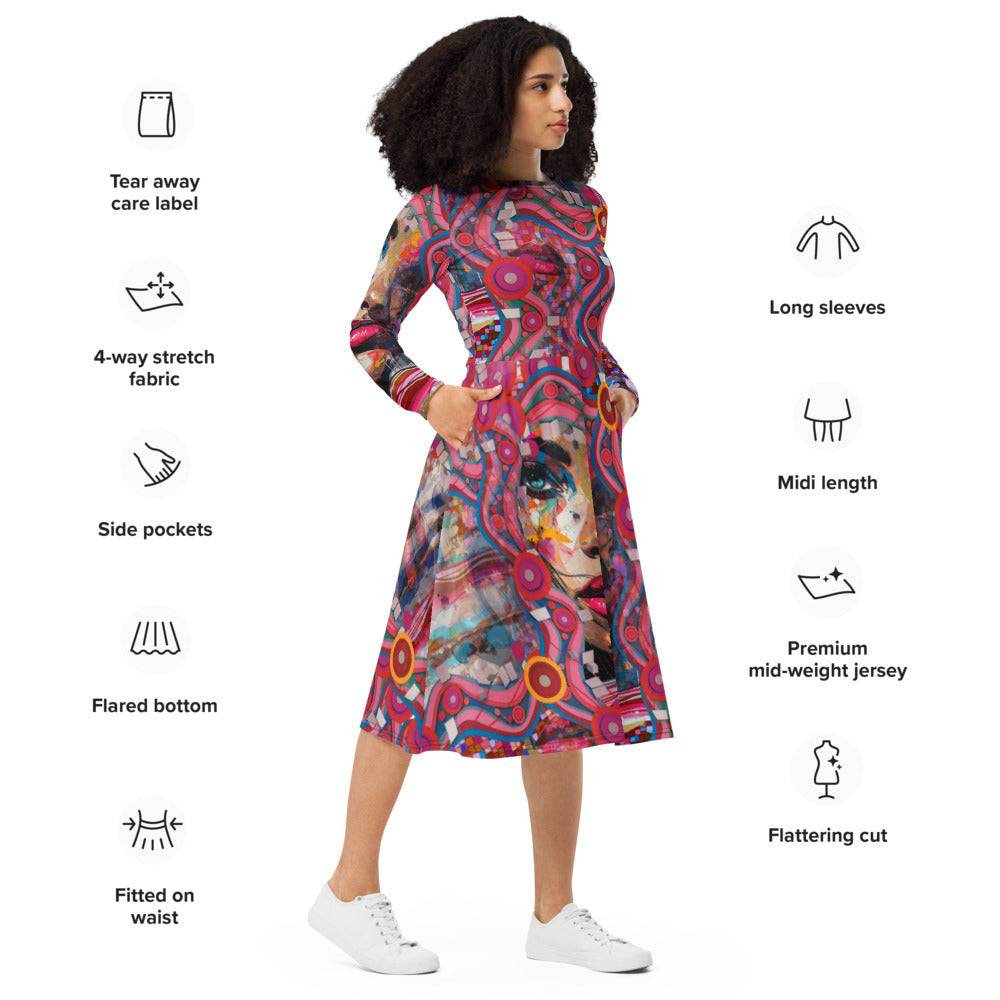 All-over print long sleeve midi dress 288B2