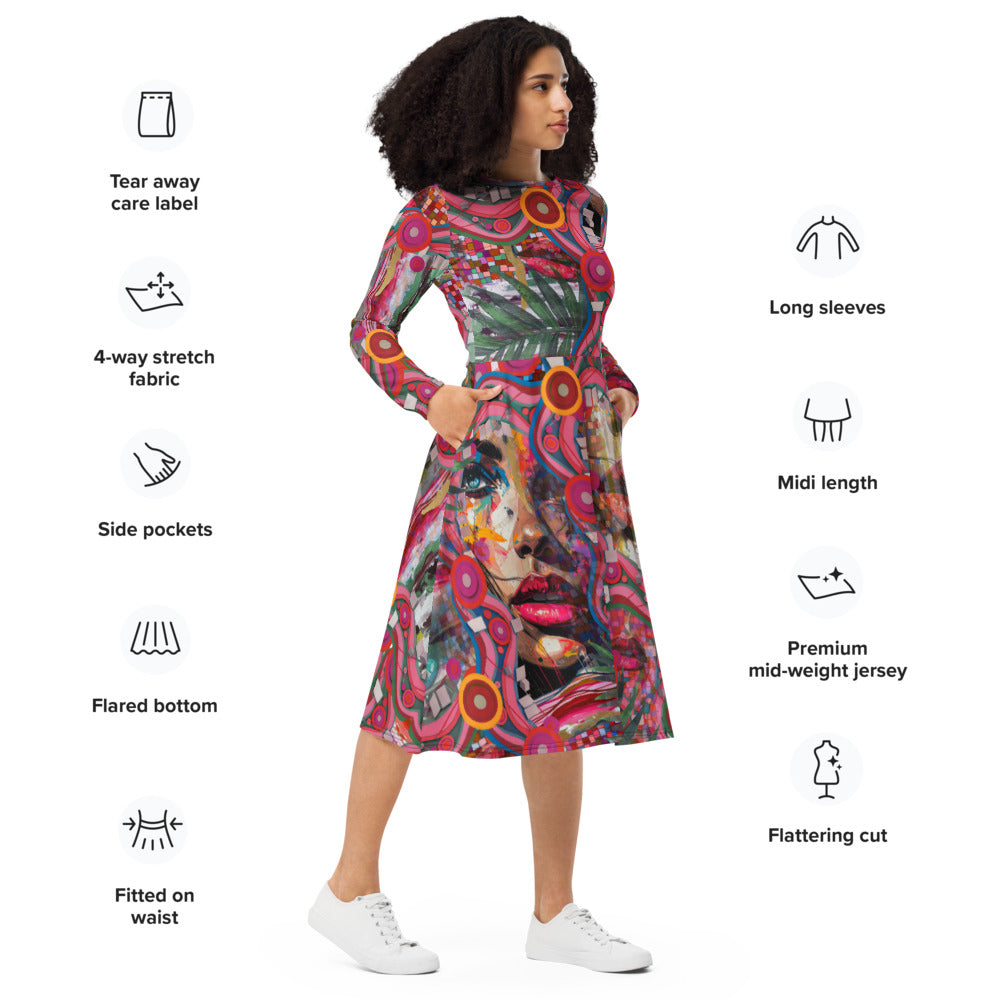 All-over print long sleeve midi dress 288C