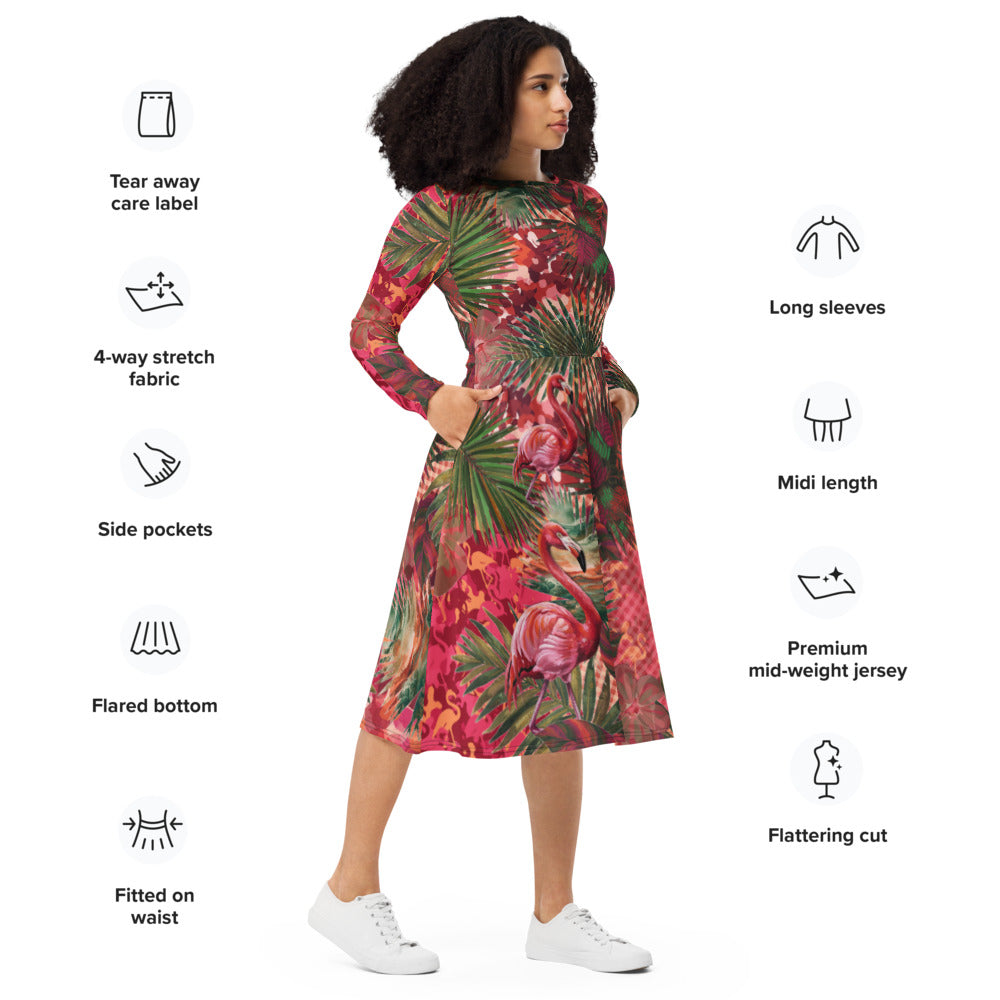 All-over print long sleeve midi dress 289C2