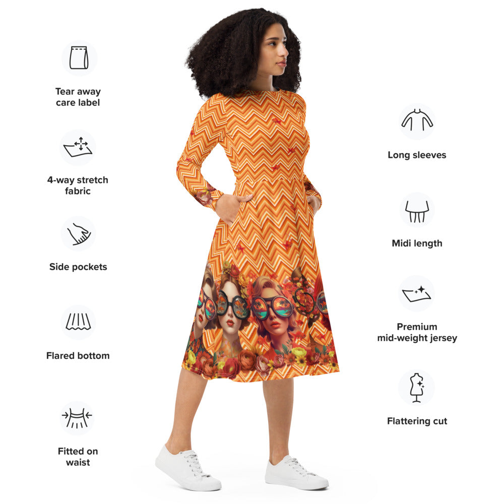 All-over print long sleeve midi dress 295kl2