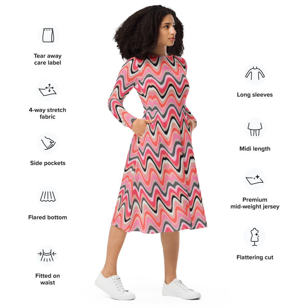 All-over print long sleeve midi dress 299