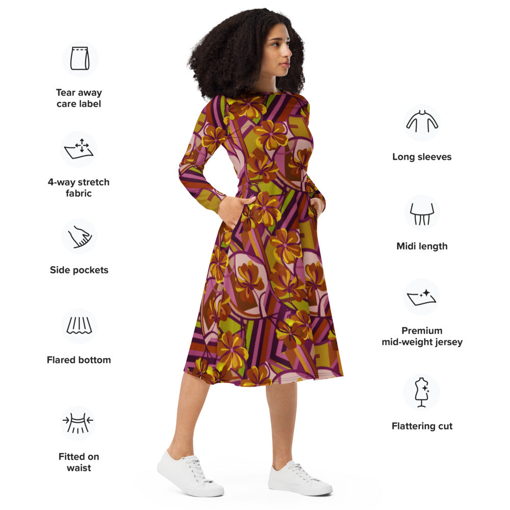 All-over print long sleeve midi dress 300kl3