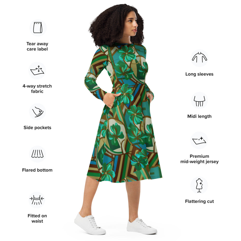 All-over print long sleeve midi dress 300kl5