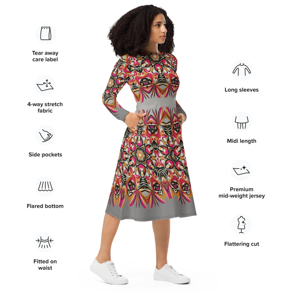 All-over print long sleeve midi dress 301kl1