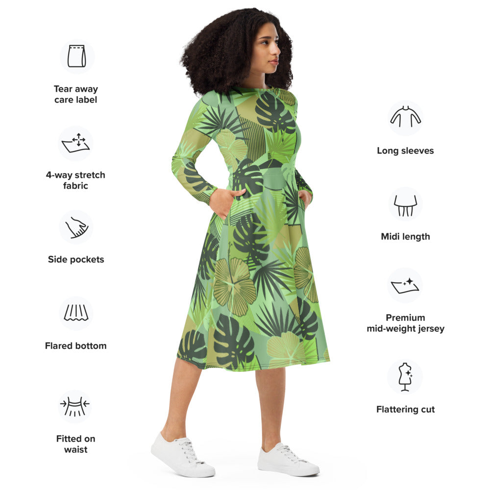 All-over print long sleeve midi dress 302kl3