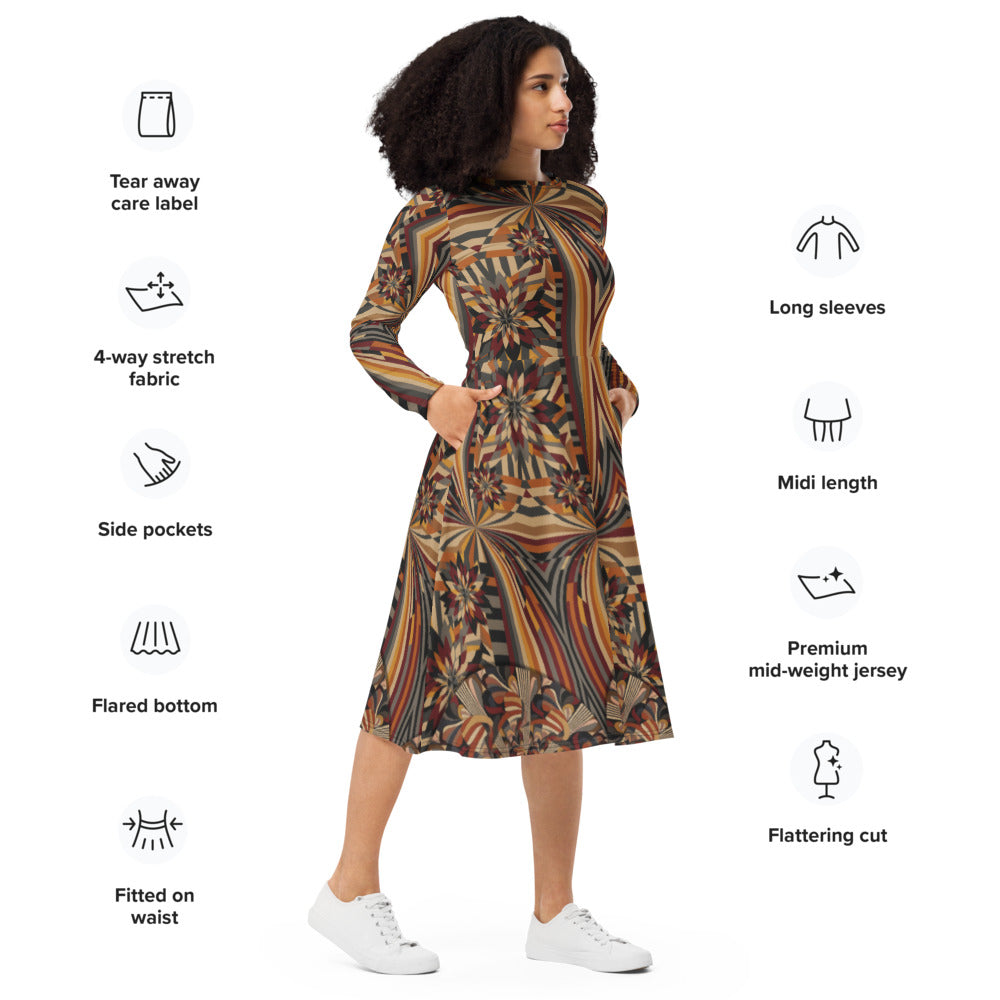 All-over print long sleeve midi dress 303kl1
