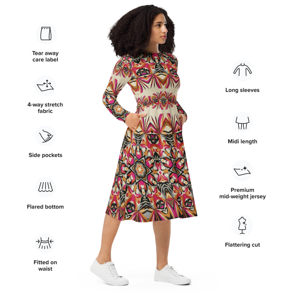 All-over print long sleeve midi dress 301Bkl1