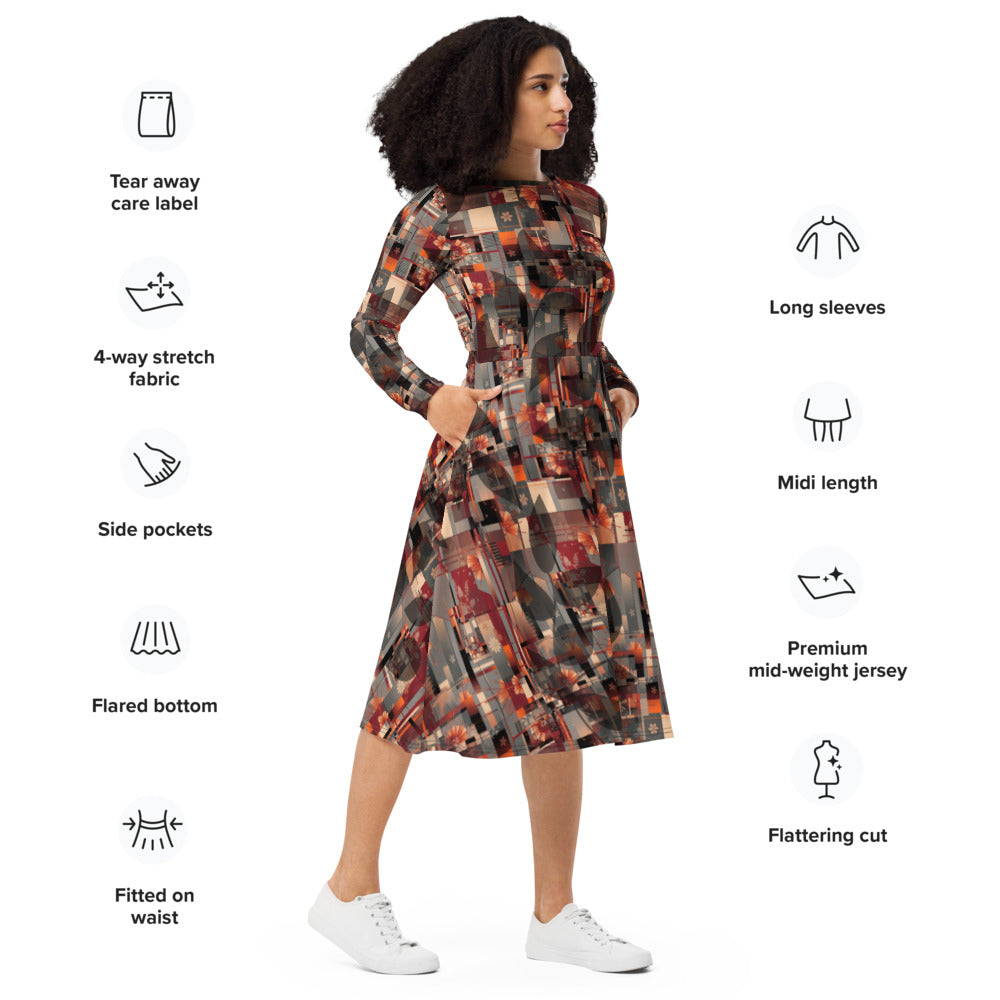 All-over print long sleeve midi dress 305B