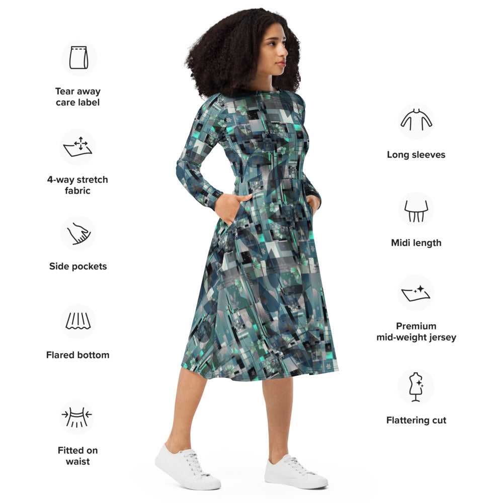 All-over print long sleeve midi dress 305Bkl2