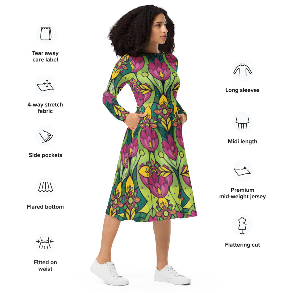 All-over print long sleeve midi dress 286