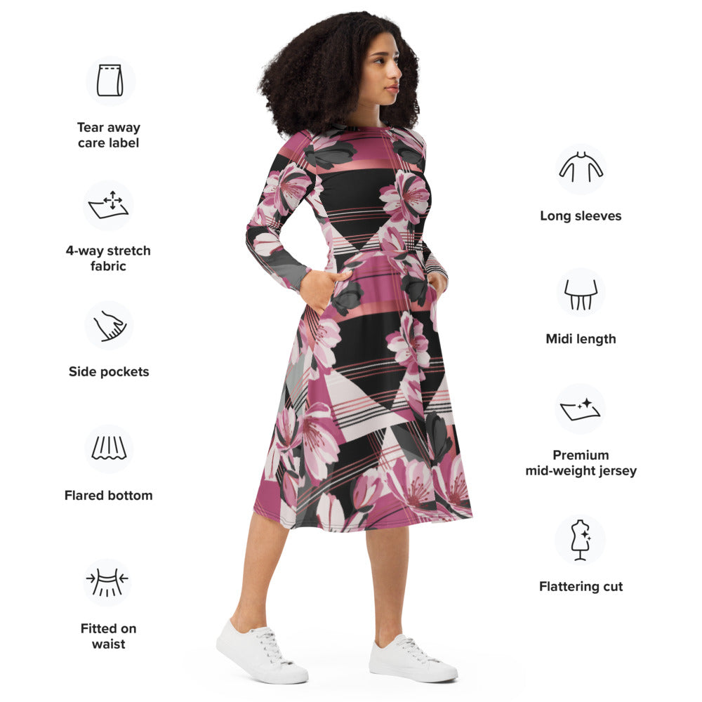 All-over print long sleeve midi dress 285kl5B
