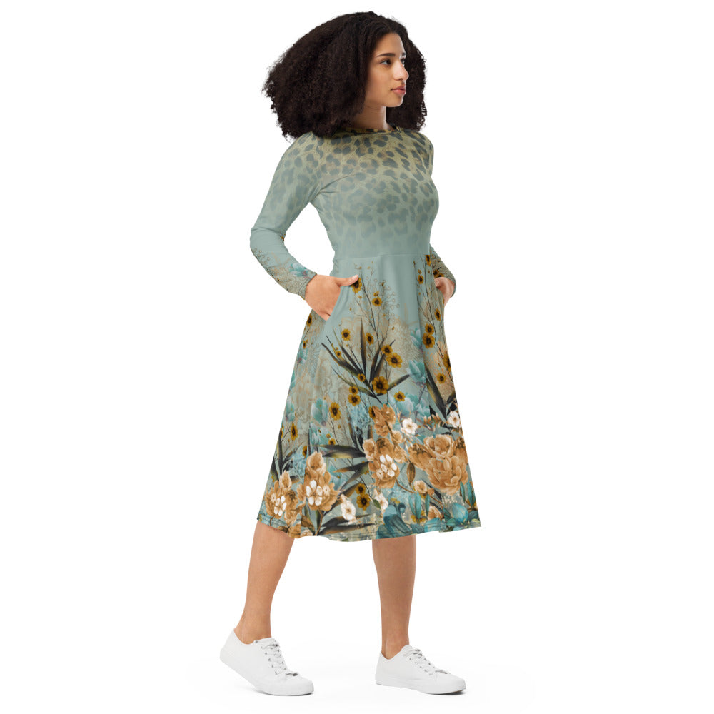 All-over print long sleeve midi dress tijger flowers