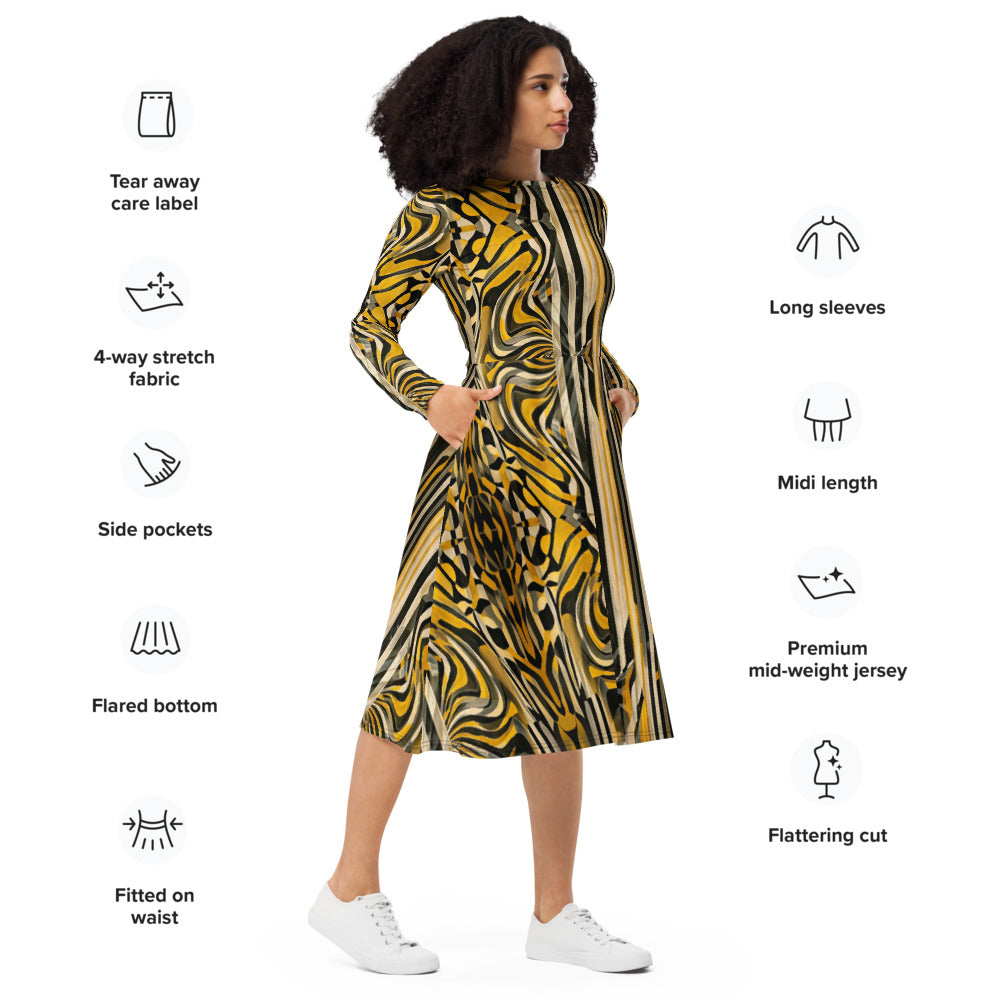 All-over print long sleeve midi dress 83i
