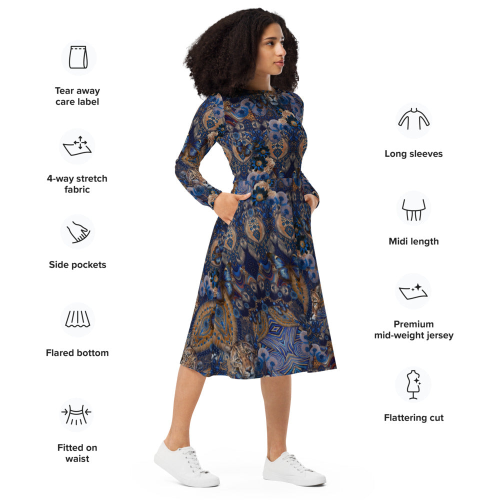All-over print long sleeve midi dress 156D3