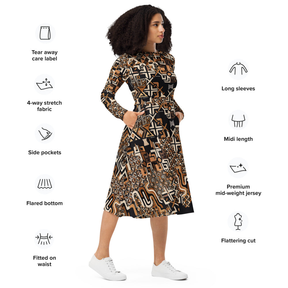 All-over print long sleeve midi dress 174