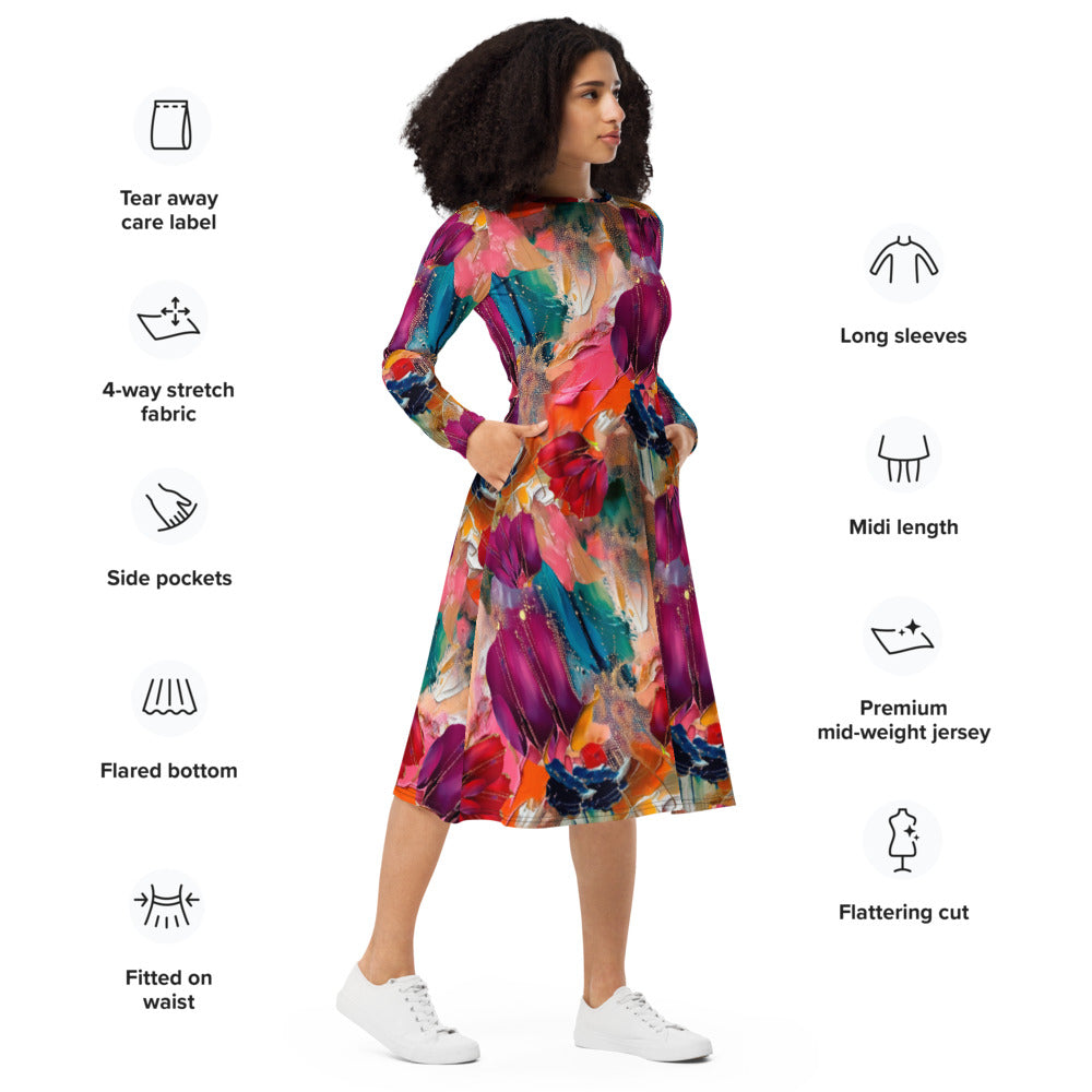 All-over print long sleeve midi dress 4