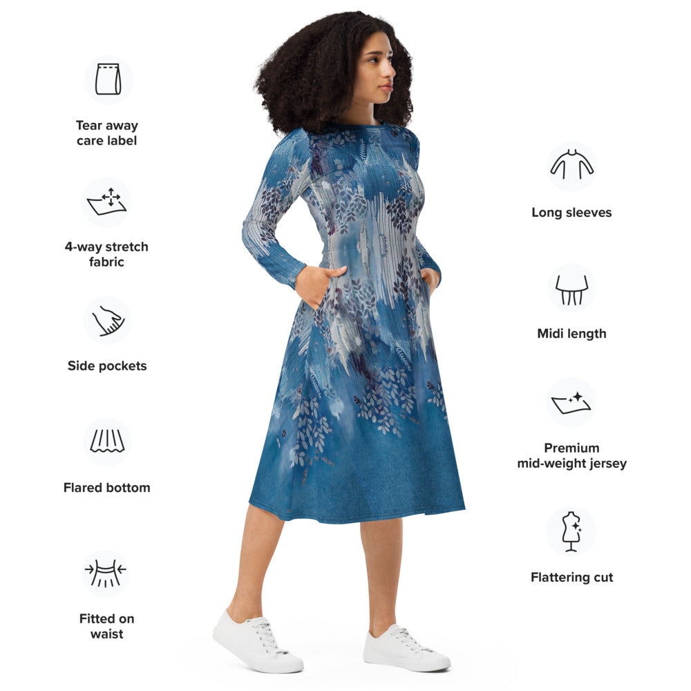All-over print long sleeve midi dress 72B