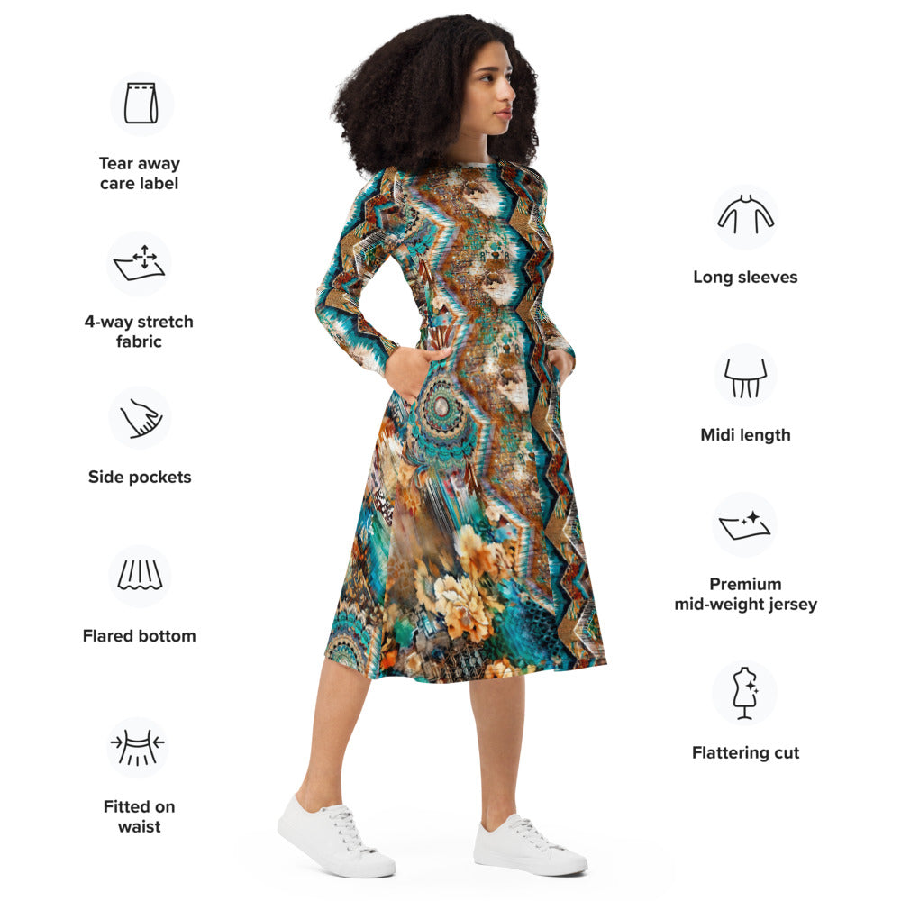 All-over print long sleeve midi dress 175