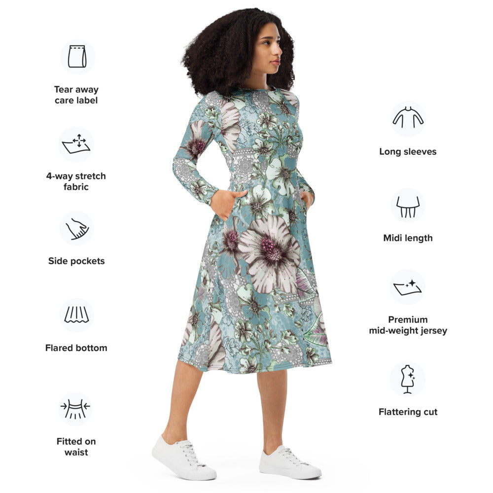 All-over print long sleeve midi dress Belle Bkl3