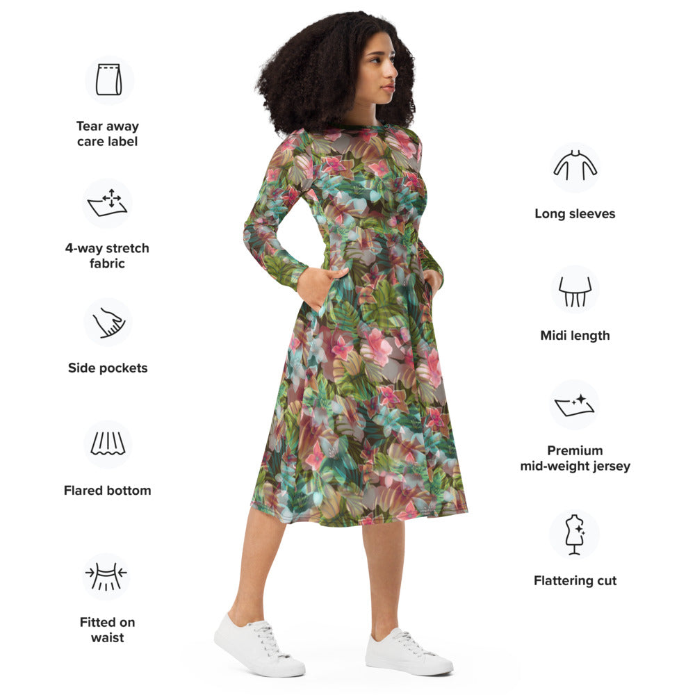 All-over print long sleeve midi dress Floor