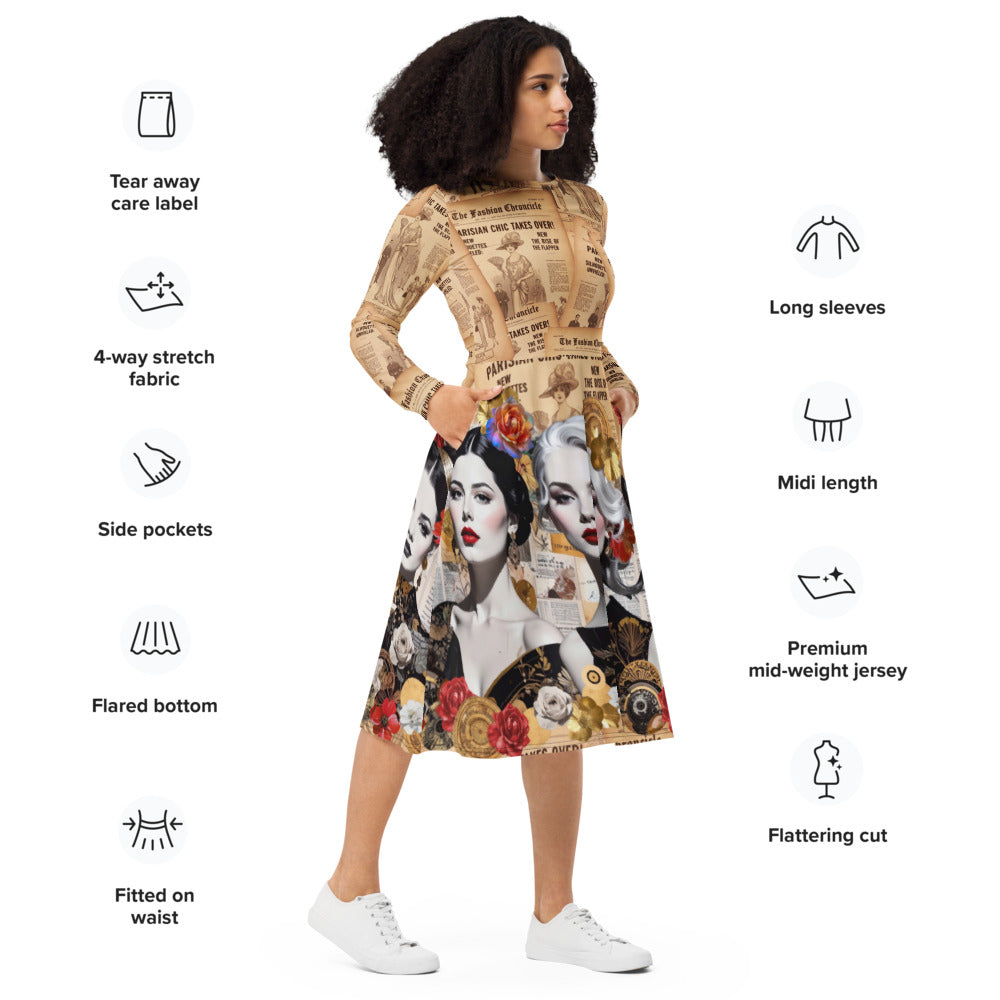 All-over print long sleeve midi dress 306Akl1