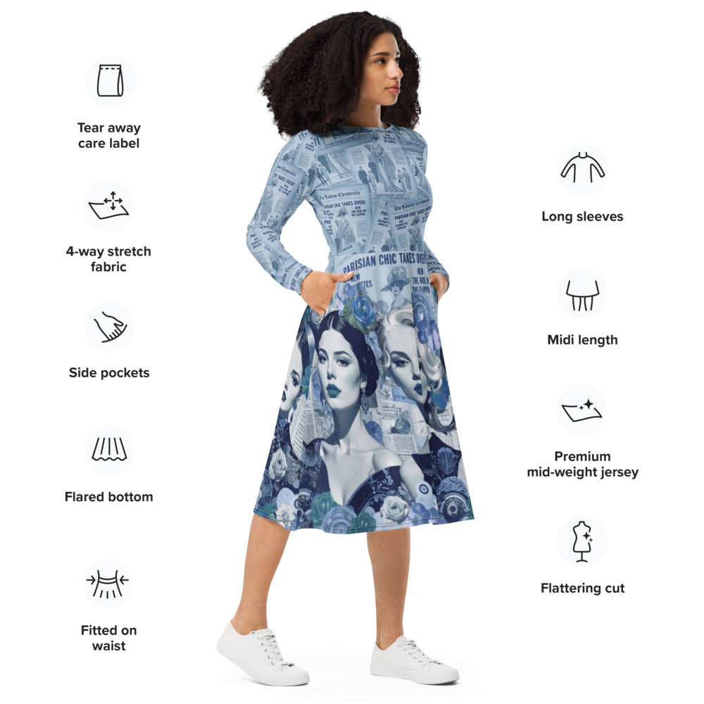 All-over print long sleeve midi dress 306Akl7