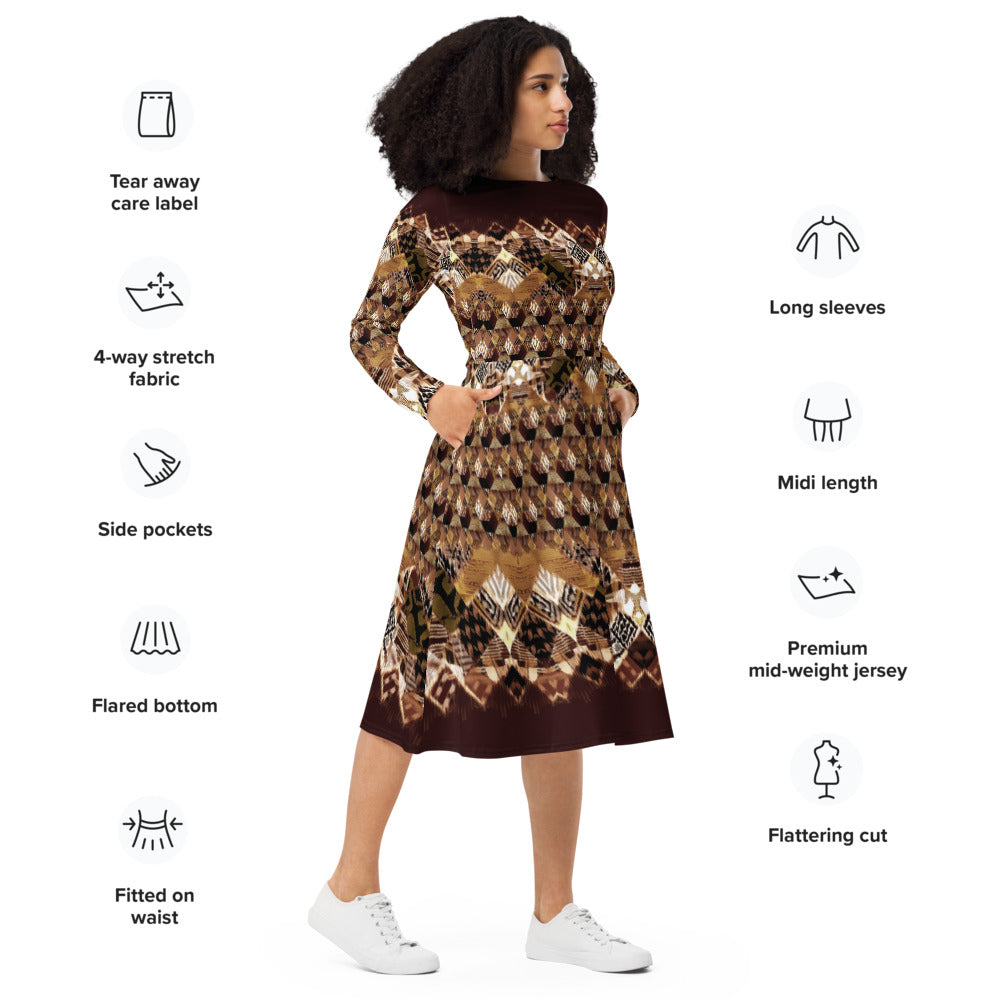 All-over print long sleeve midi dress 308Bkl2