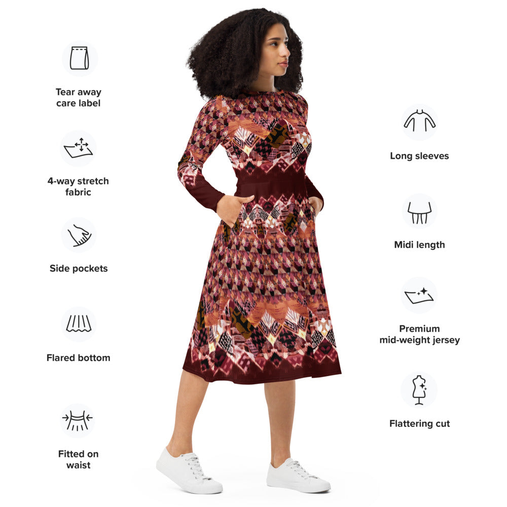 All-over print long sleeve midi dress 308B
