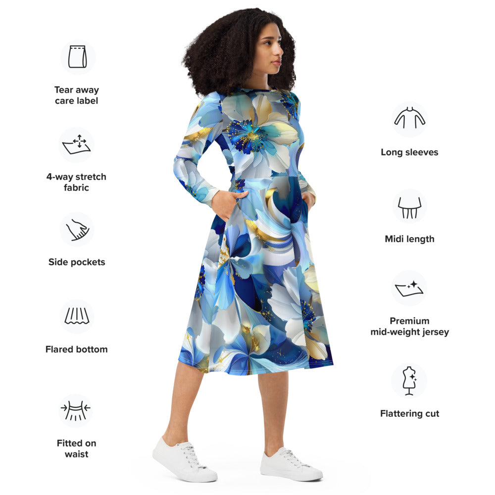 All-over print long sleeve midi dress 309B