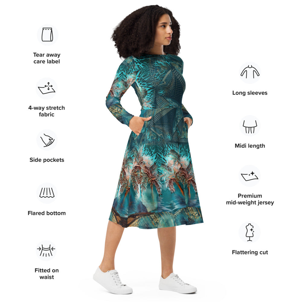 All-over print long sleeve midi dress 312