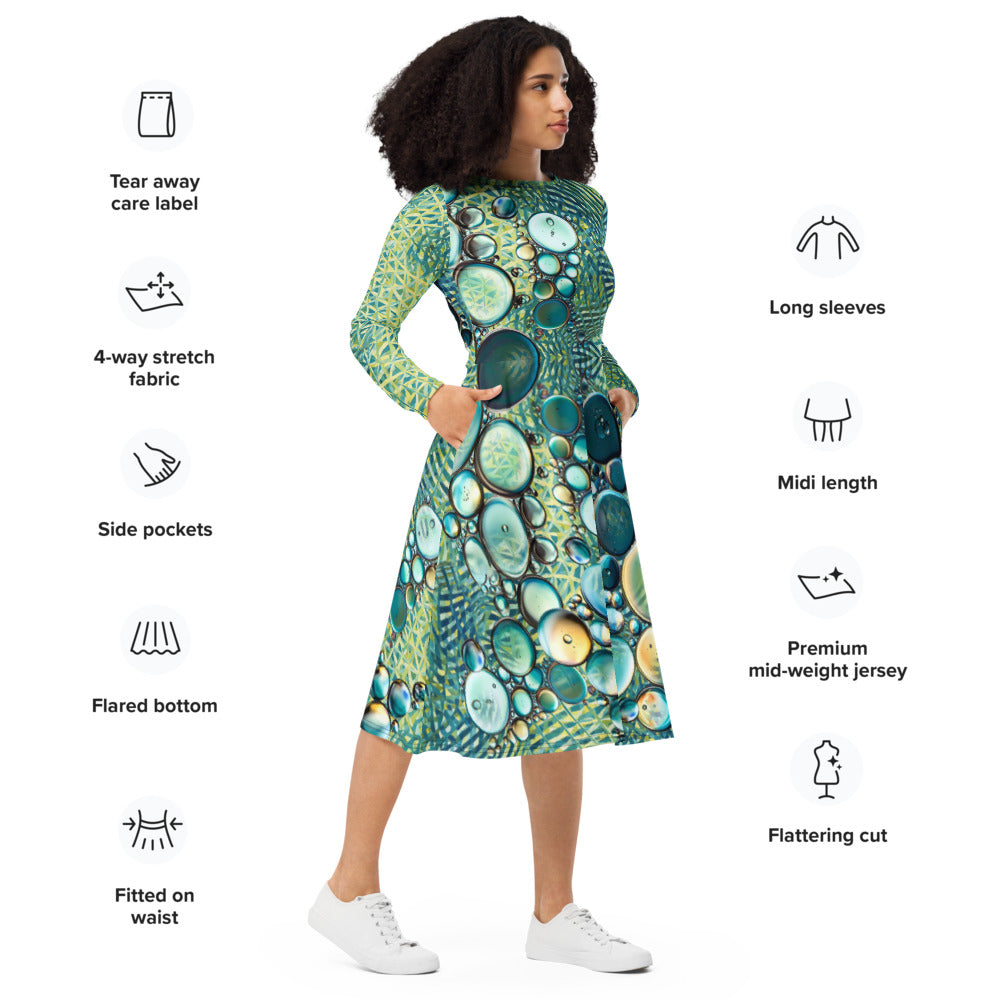 All-over print long sleeve midi dress 313