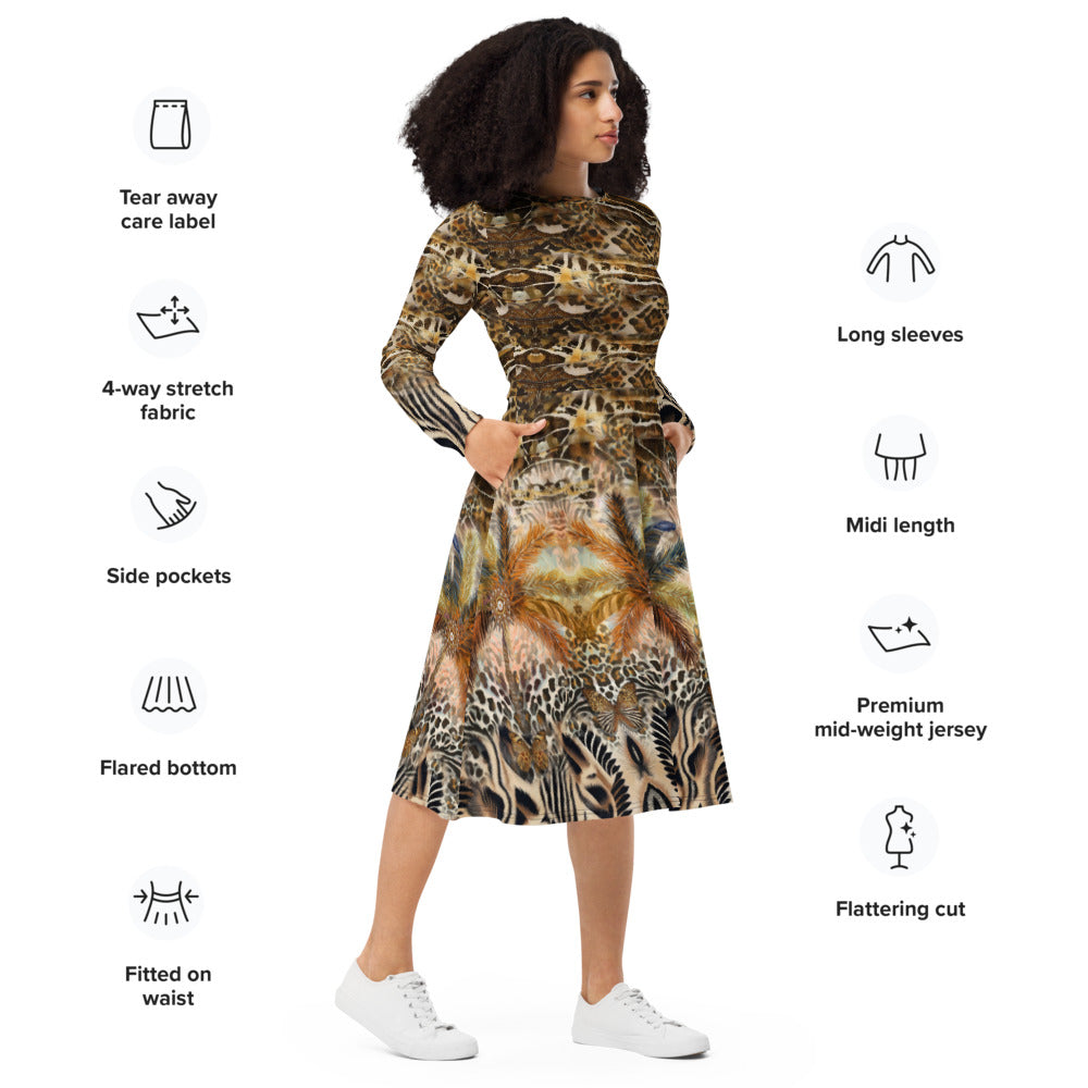 All-over print long sleeve midi dress 314