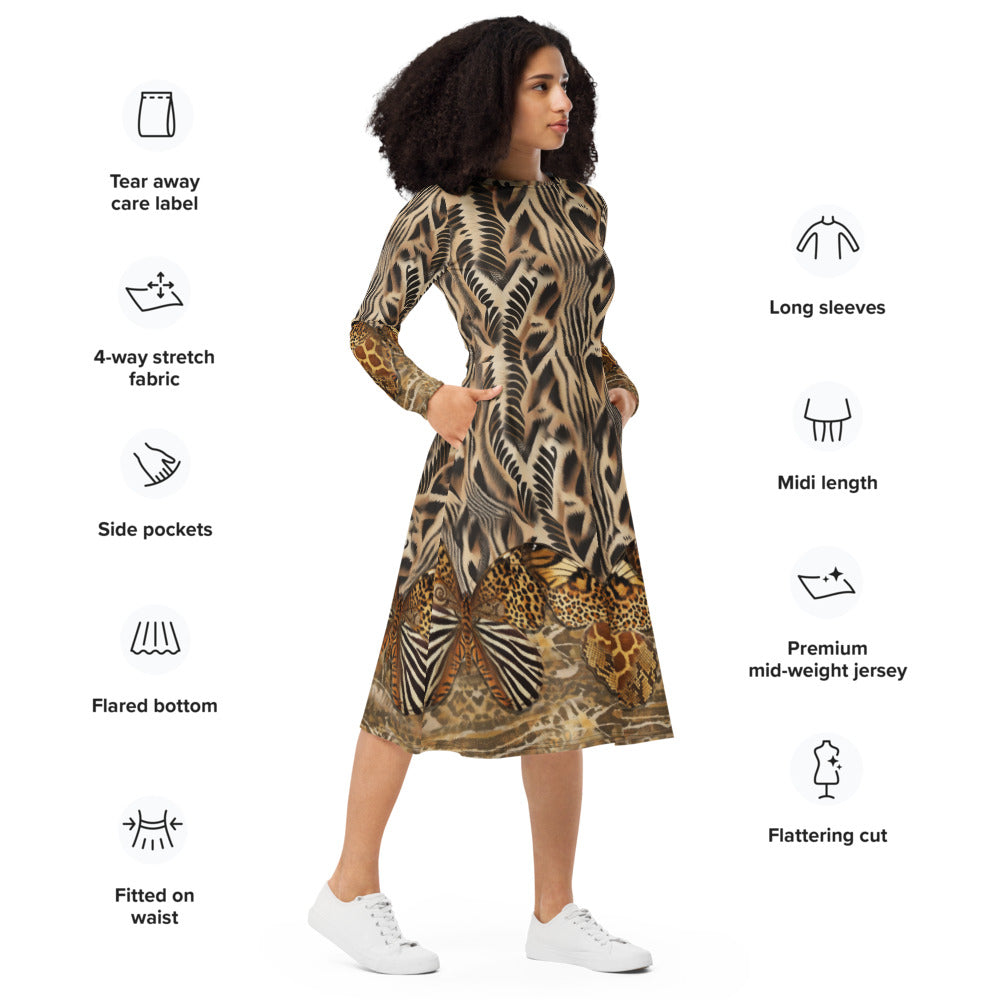 All-over print long sleeve midi dress 314B3