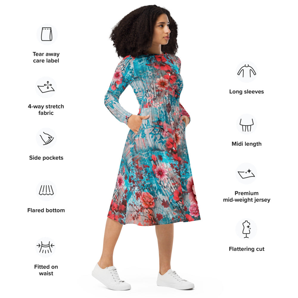 All-over print long sleeve midi dress 315C