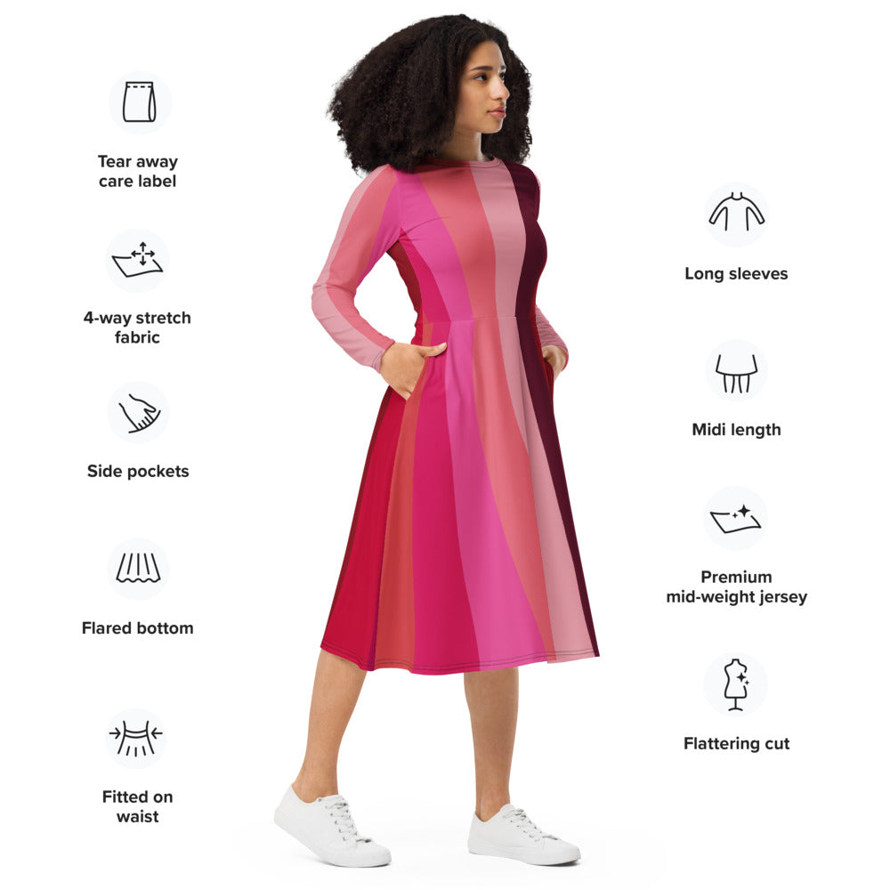 All-over print long sleeve midi dress 318B