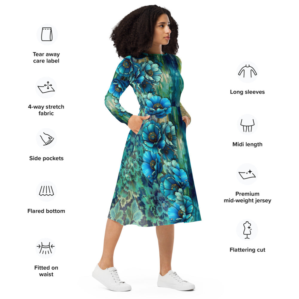 All-over print long sleeve midi dress 317