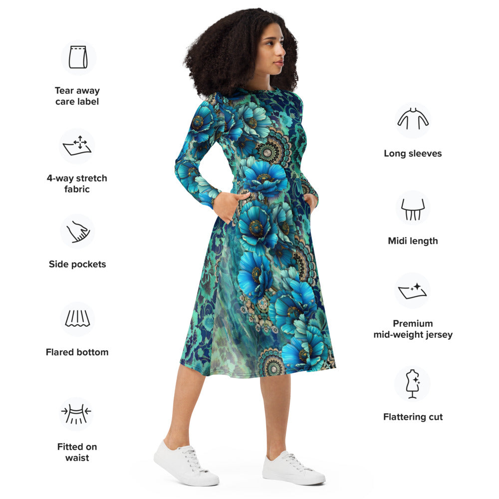 All-over print long sleeve midi dress 317E