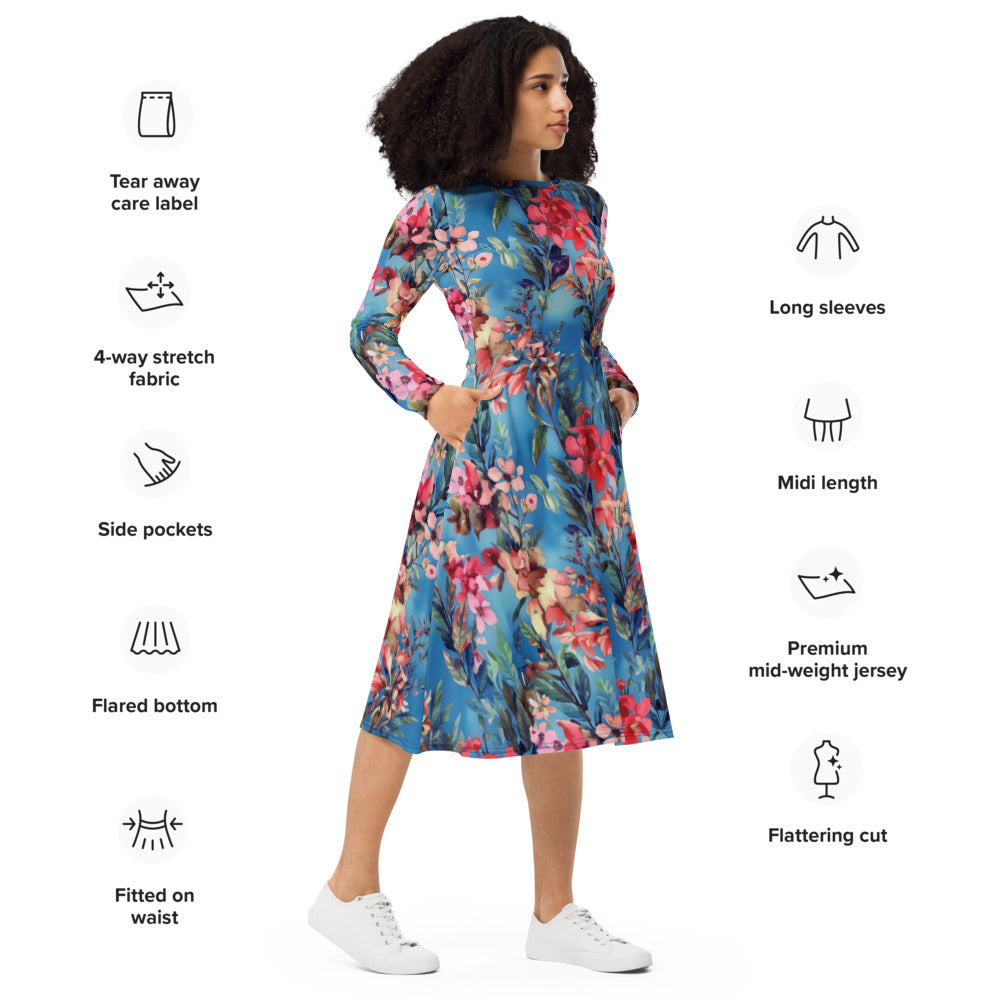 All-over print long sleeve midi dress 319kl5