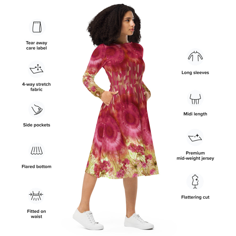 All-over print long sleeve midi dress 321Bkl5