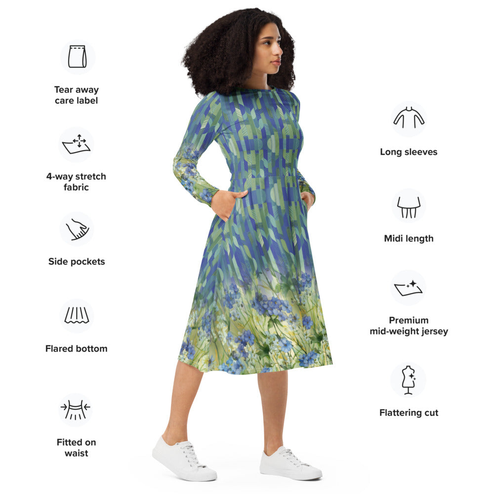 All-over print long sleeve midi dress 321Bkl3c