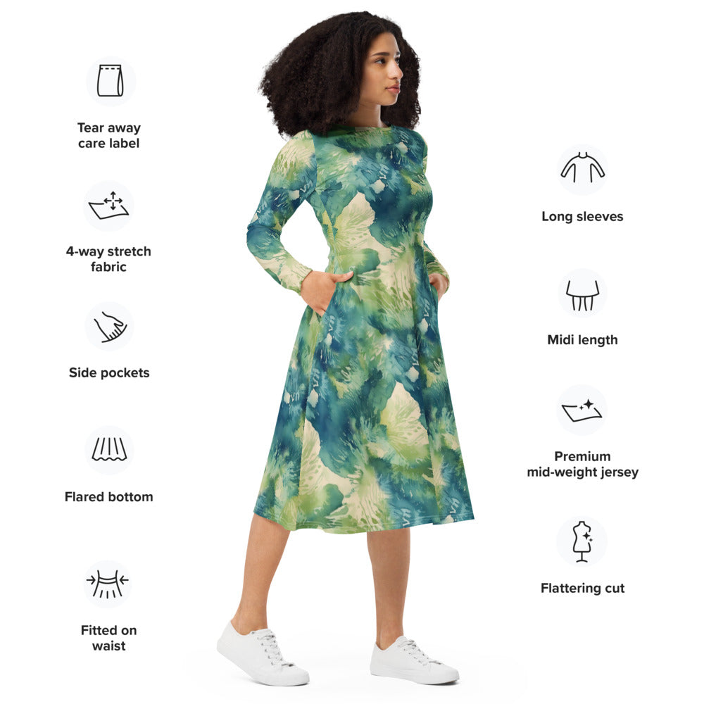 All-over print long sleeve midi dress 324kl1