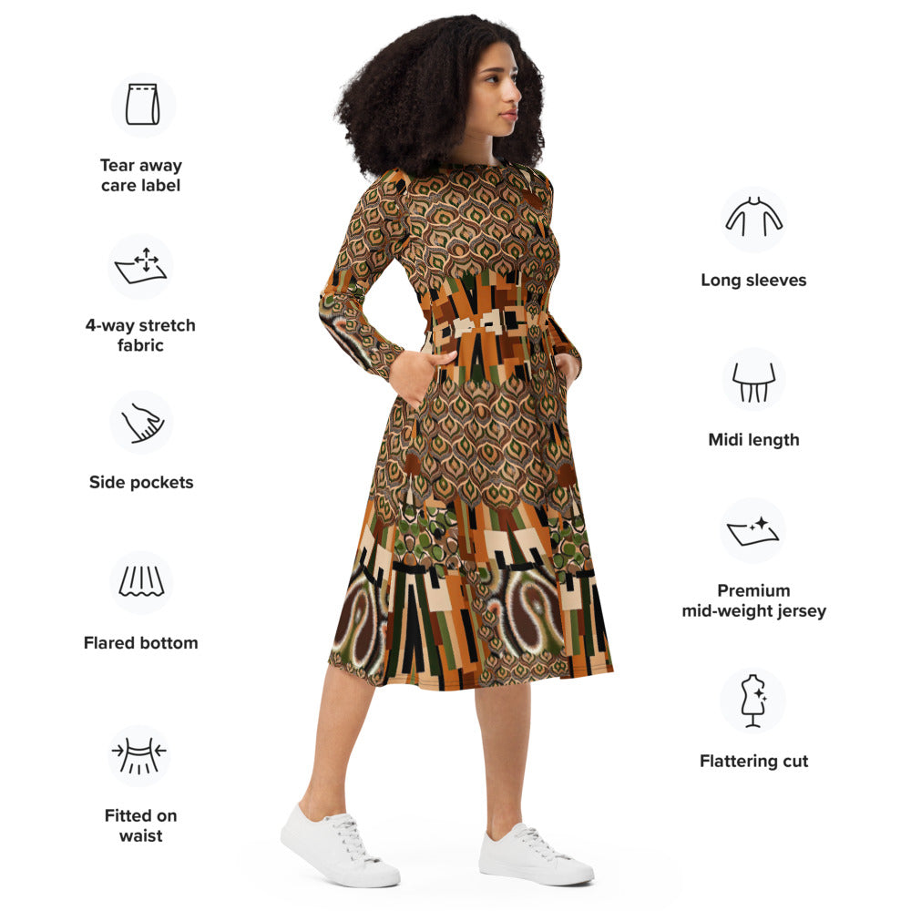 All-over print long sleeve midi dress 327kl1