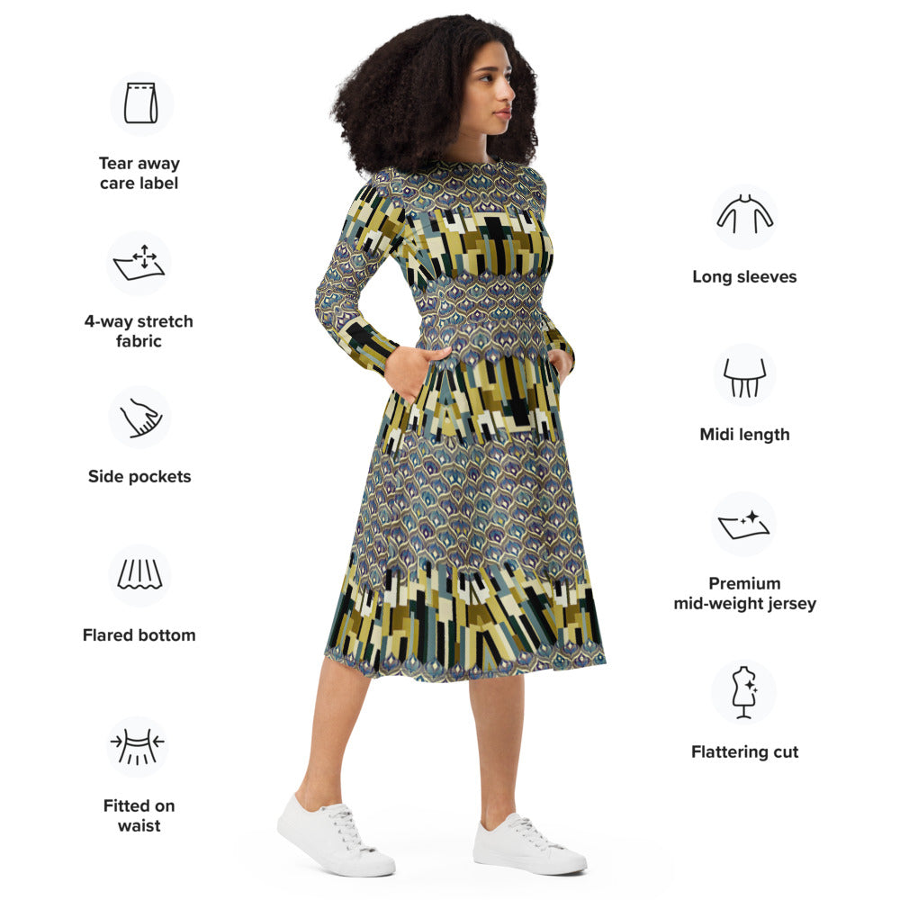 All-over print long sleeve midi dress 328kl5