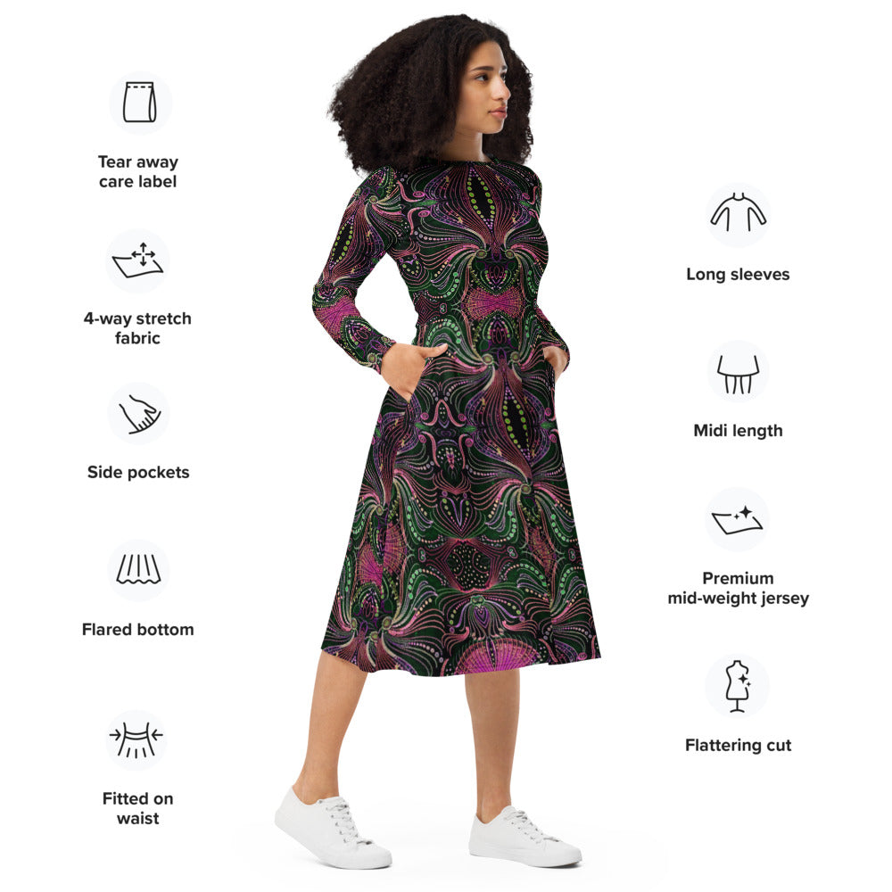 All-over print long sleeve midi dress 329kl7