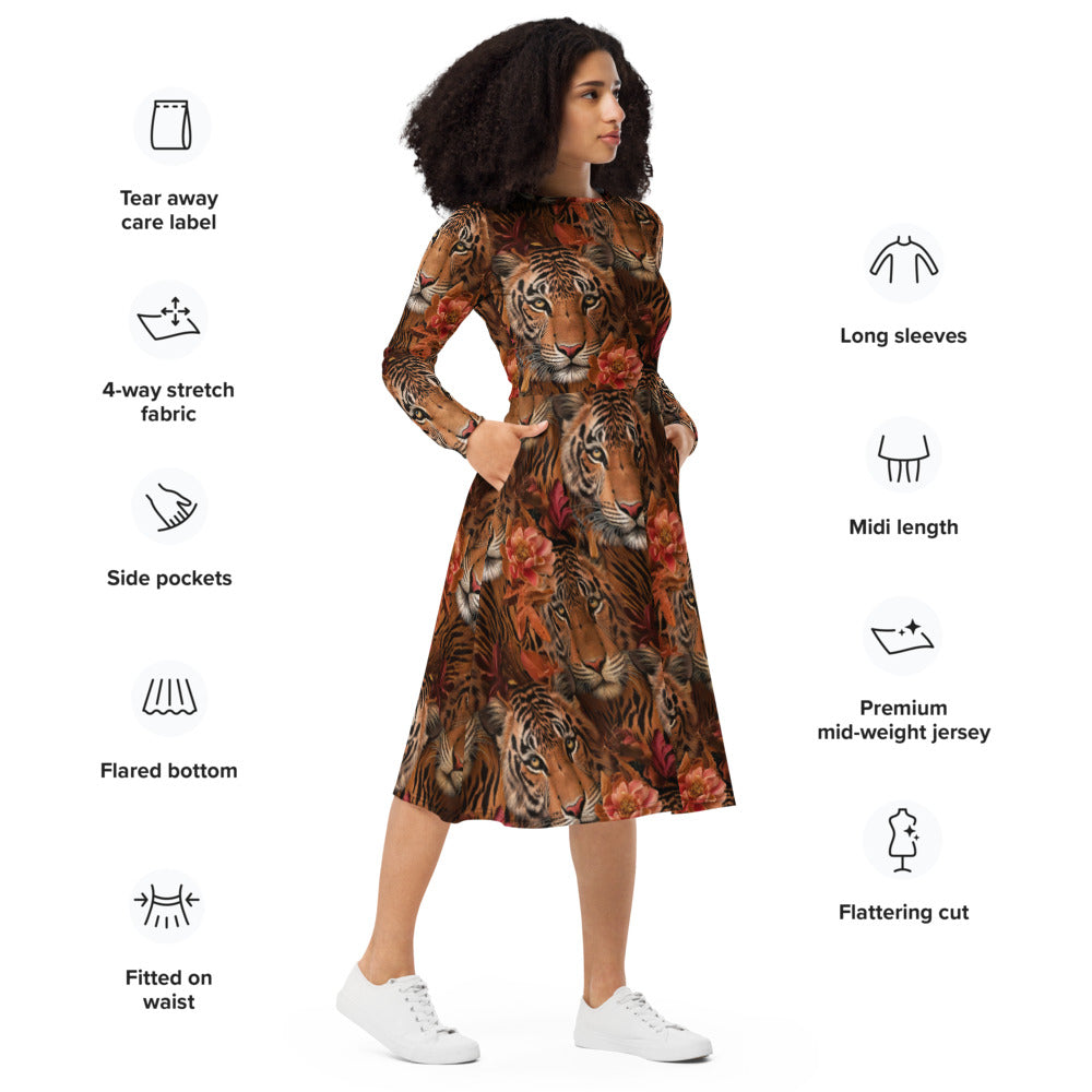 All-over print long sleeve midi dress 332