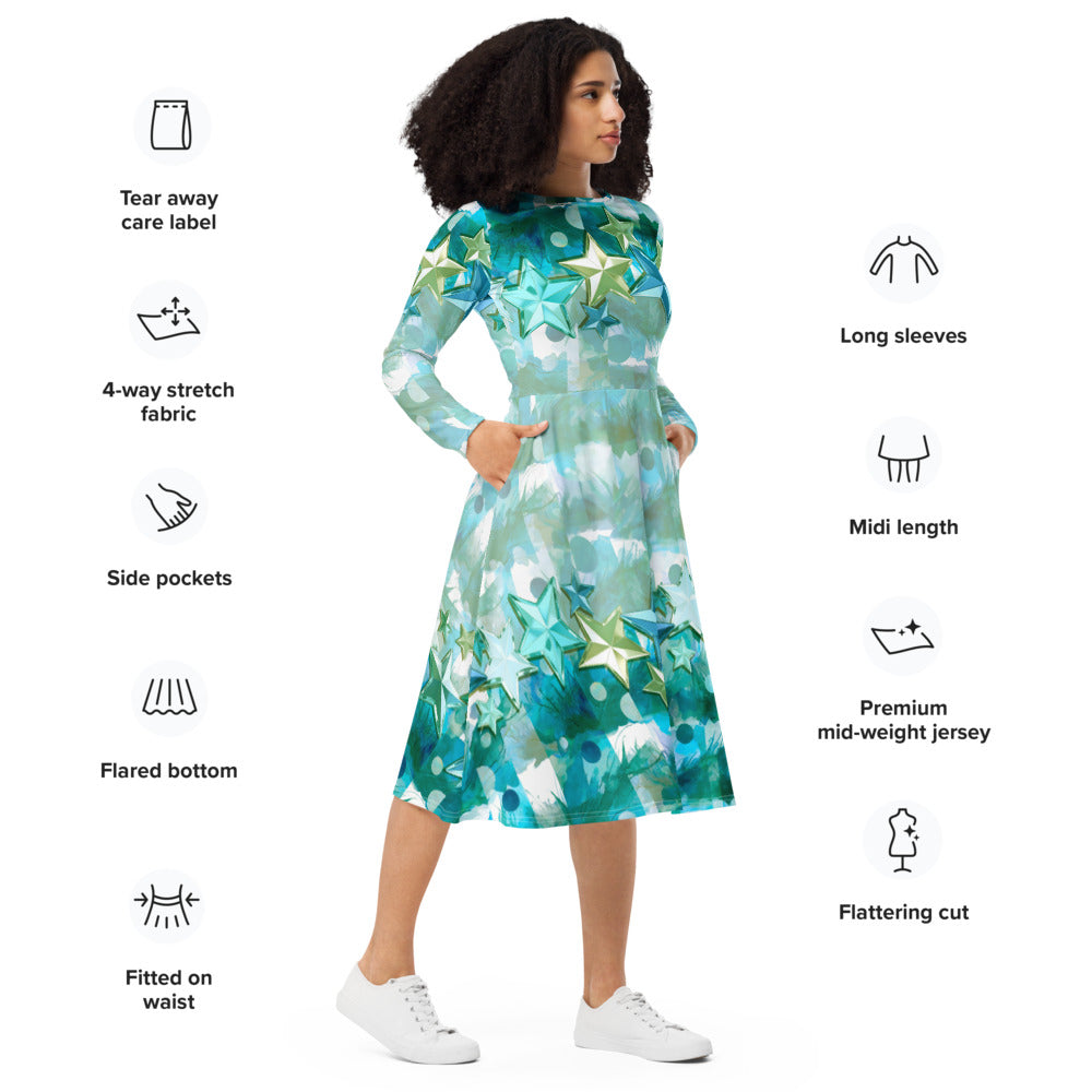 All-over print long sleeve midi dress 333kl2