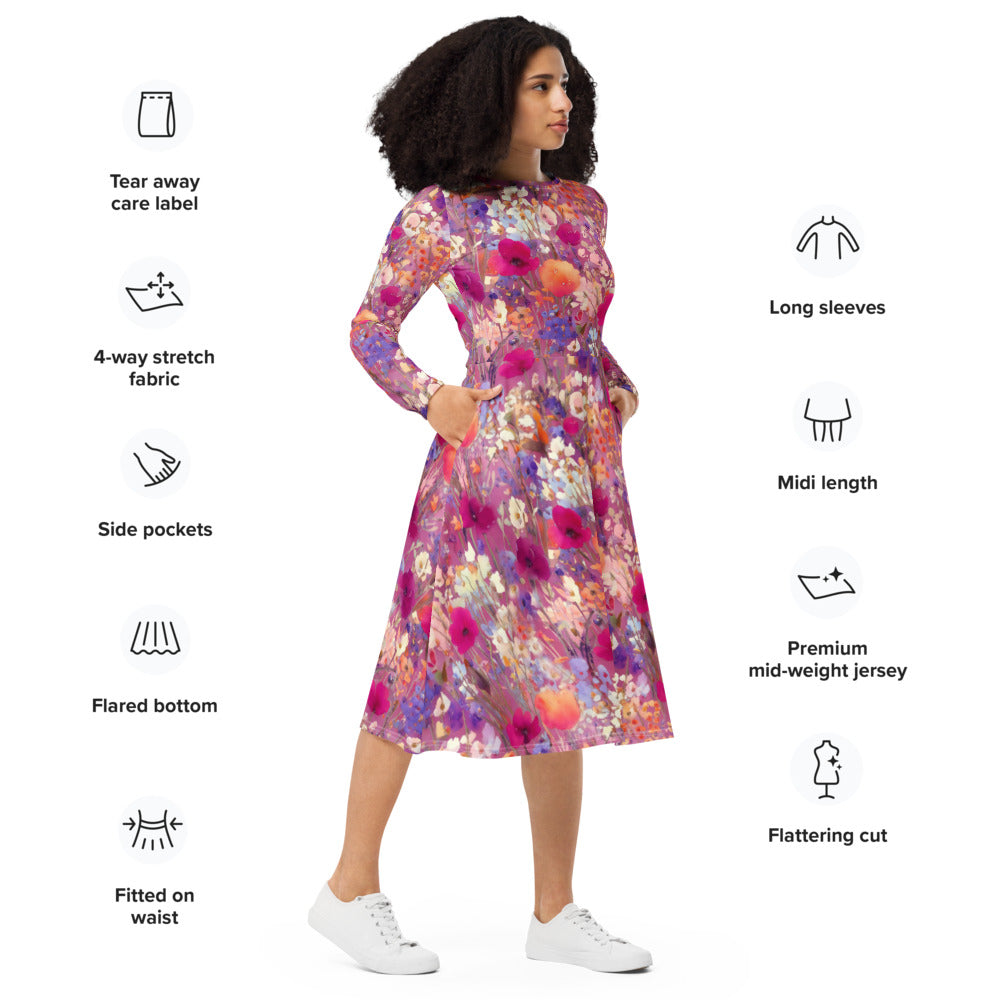 All-over print long sleeve midi dress 334