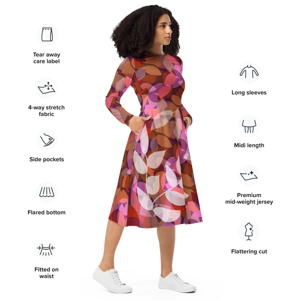 All-over print long sleeve midi dress 338Ckl2b